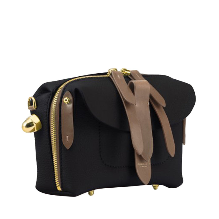 Black leather crossbody bag with gold zipper and tan leather straps