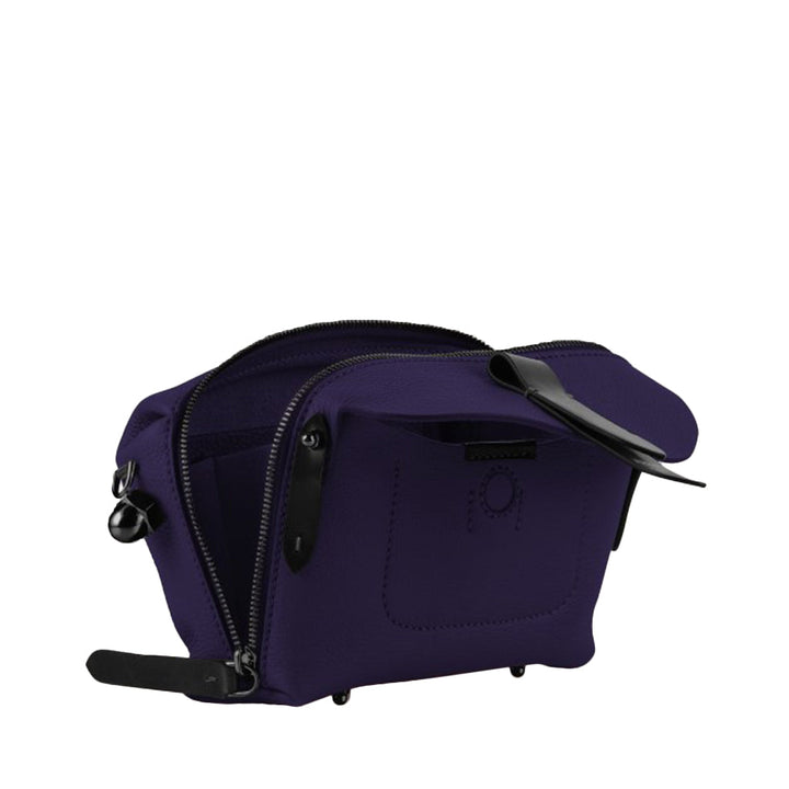 Purple leather toiletries bag with zipper compartments and black accents