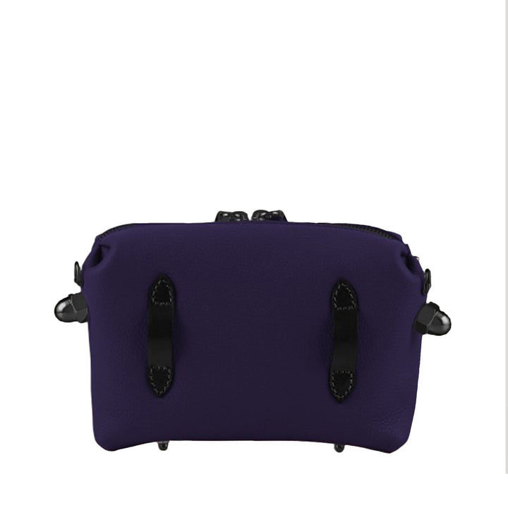 Purple leather pouch bag with black accents and zipper closure against a white background