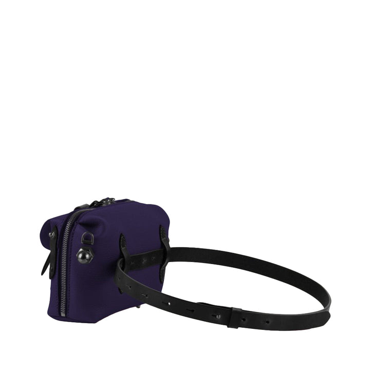 Purple leather waist bag with black adjustable belt and zipper closure