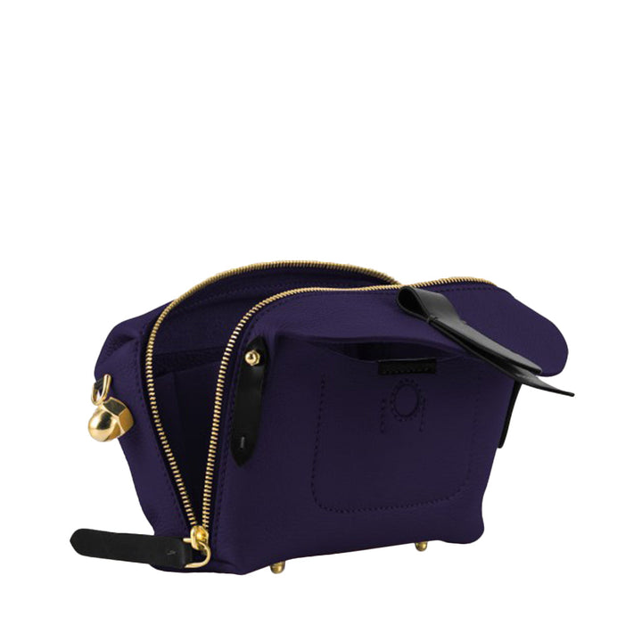 Purple leather handbag with gold zipper and black strap on a white background