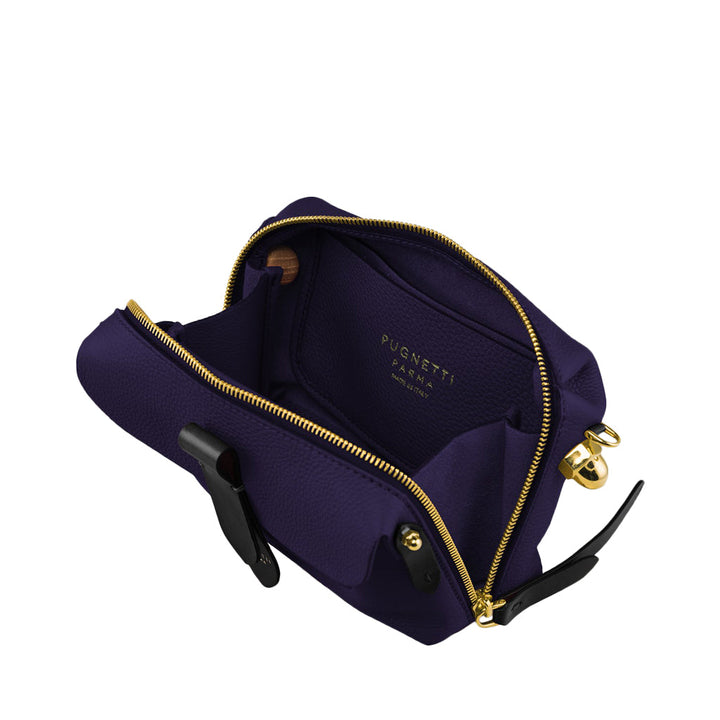 Open purple leather handbag with gold zipper and black straps