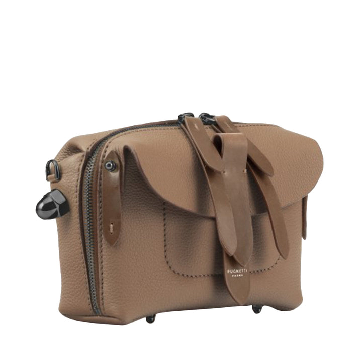 Brown leather crossbody bag with zip and buckle details