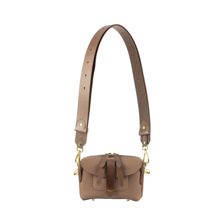 Brown leather crossbody bag with adjustable strap and gold hardware