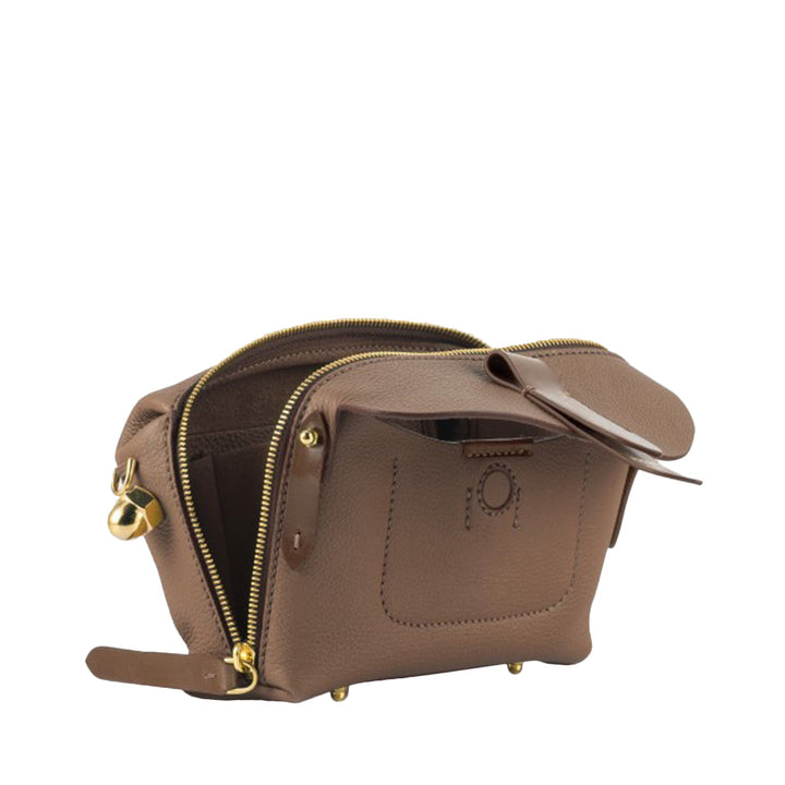 Brown leather handbag with gold hardware and open zipper showing interior details