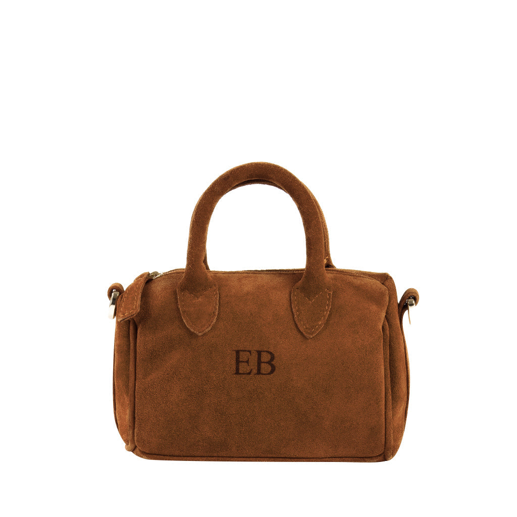 Brown suede handbag with EB monogram and short handles