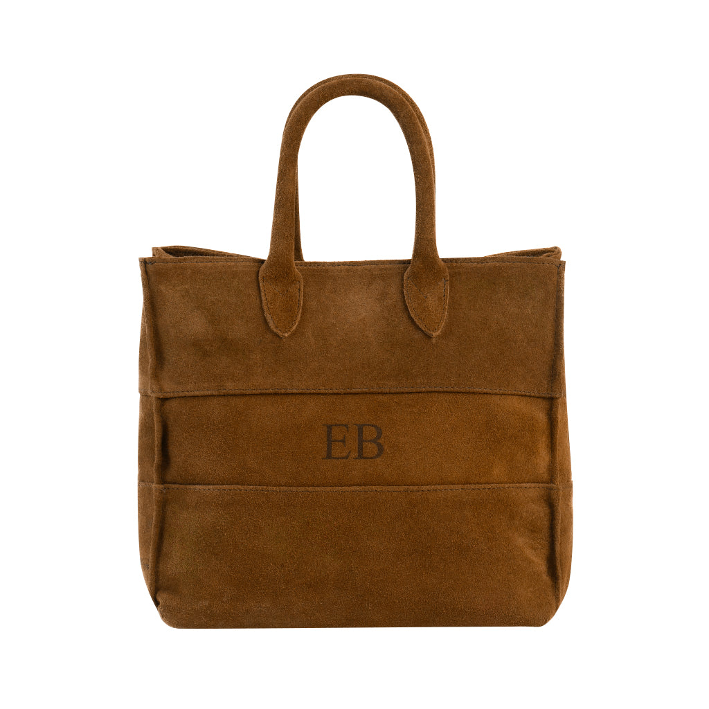 Brown suede tote bag with embossed EB initials