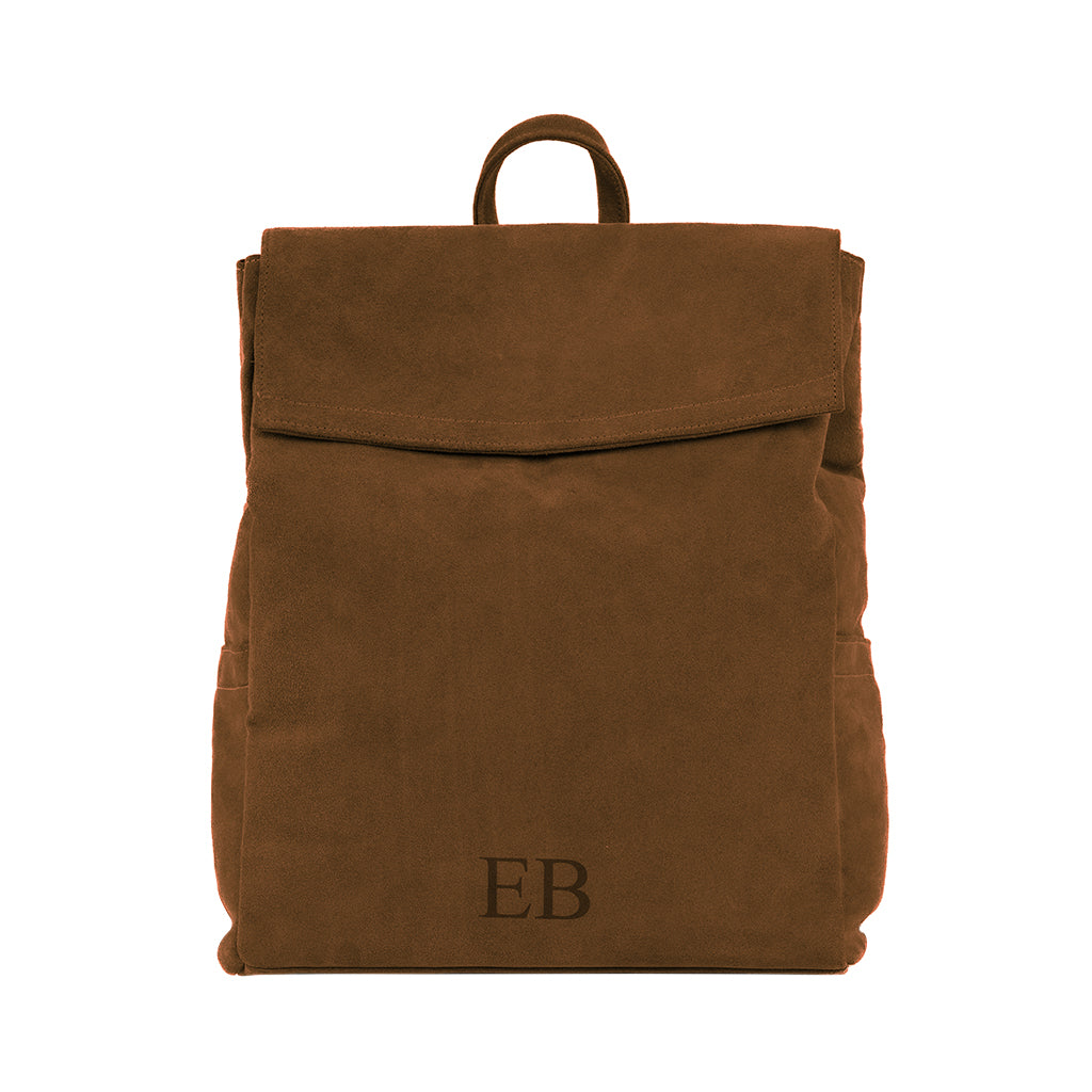 Brown suede backpack with front flap and monogram EB at bottom