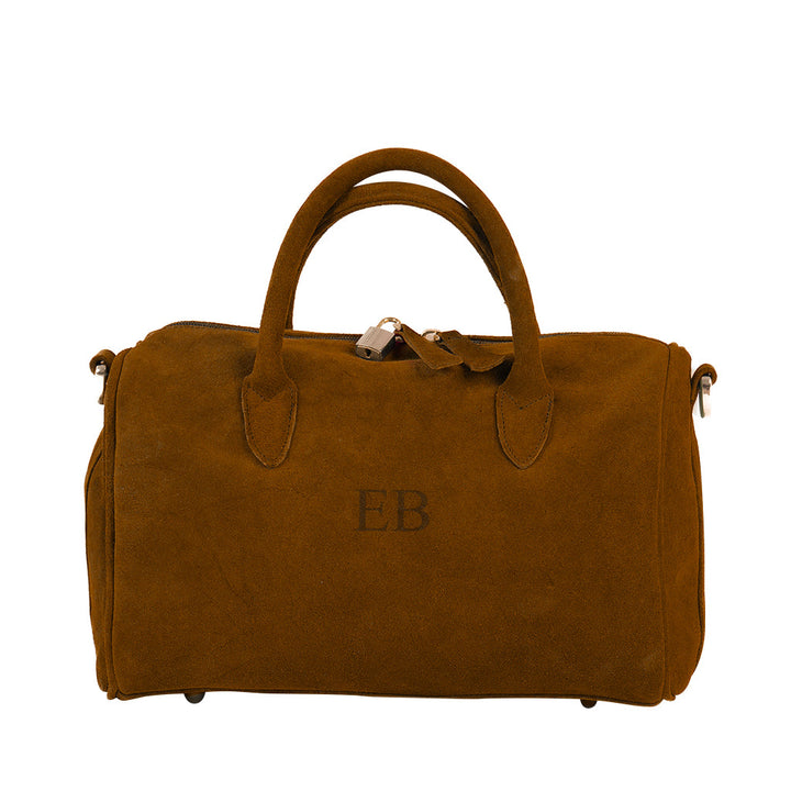 Brown suede handbag with embossed initials EB and top handles