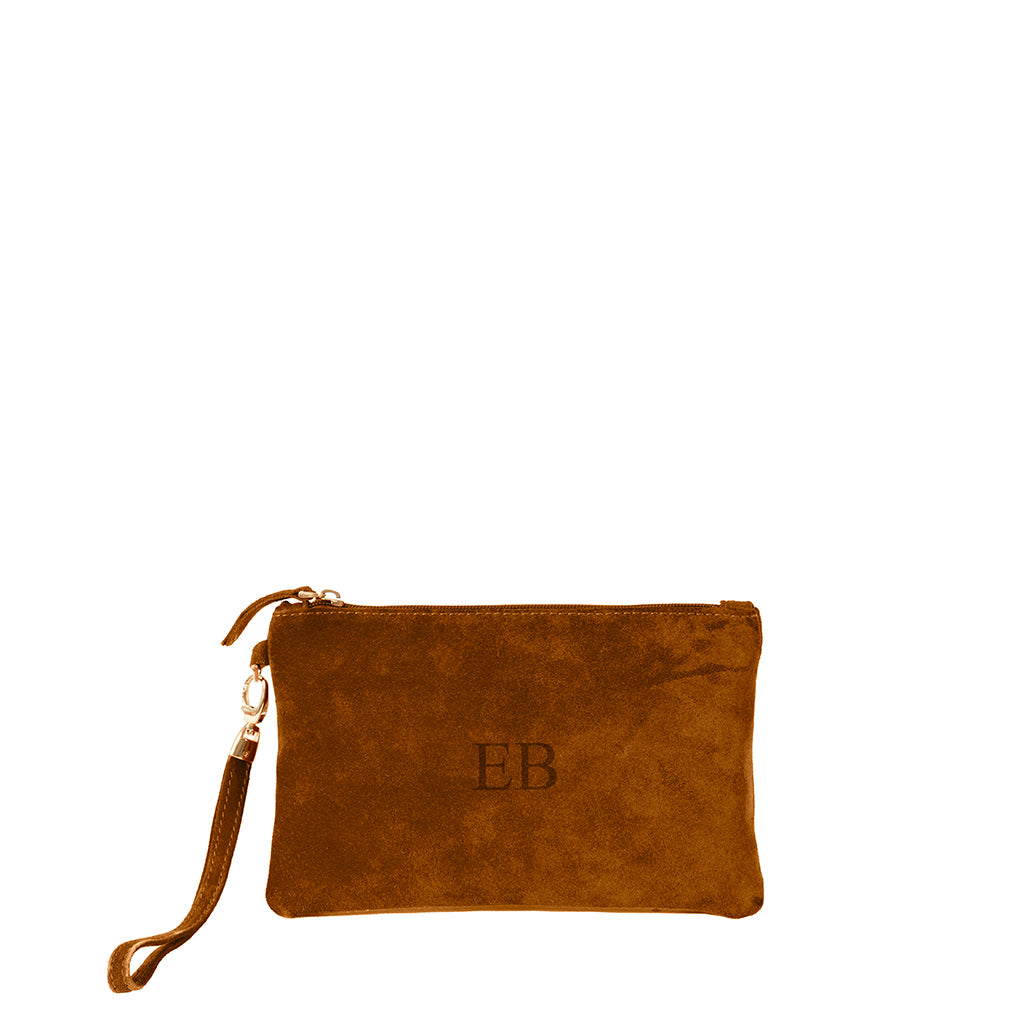 Brown suede clutch bag with wrist strap and embossed initials EB