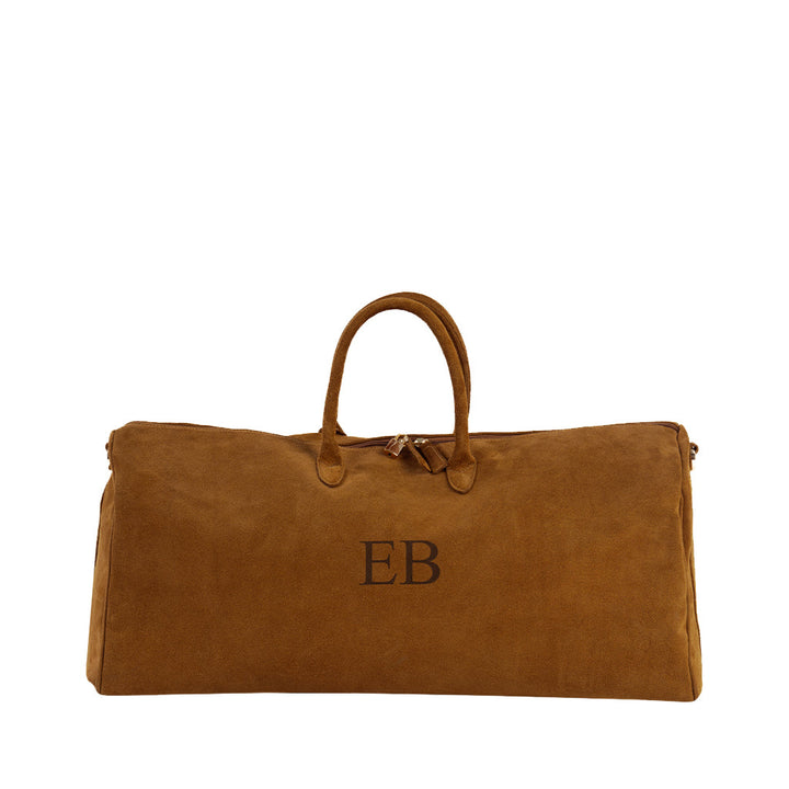 Brown suede duffel bag with monogram EB on the front and two handles