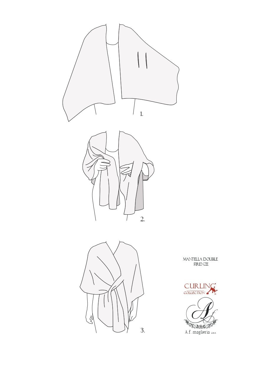 Illustration showing three steps to wear a Mantella Double Firenze shawl from Curling Collection by A F Maglieria SAS