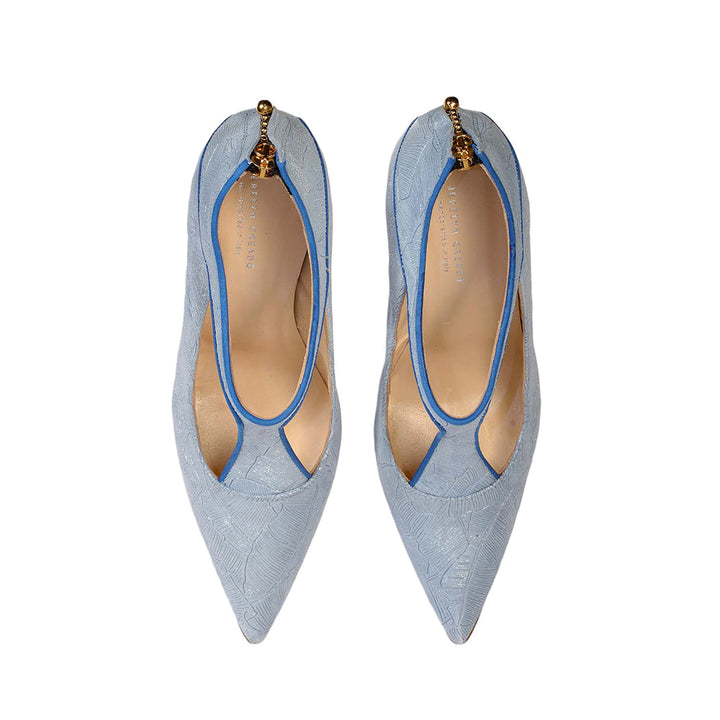 Elegant blue pointed-toe high heels with gold embellishments