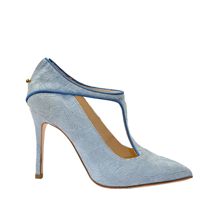 Light blue high-heeled shoe with a leaf pattern and ankle strap