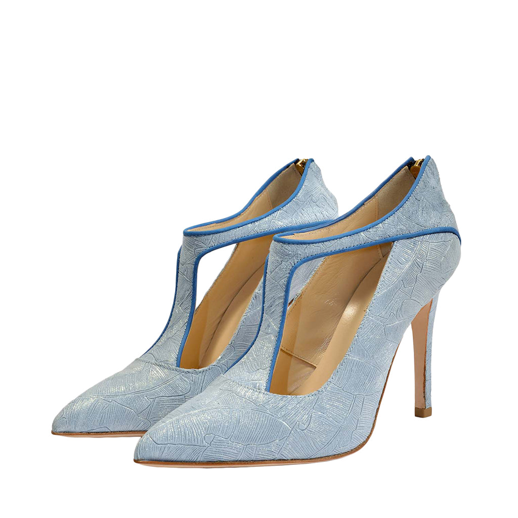 Light blue high-heeled women's shoes with cutout design and pointed toes
