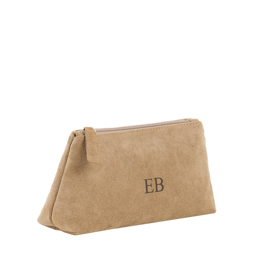 Tan suede triangular pouch with zipper and 'EB' monogram