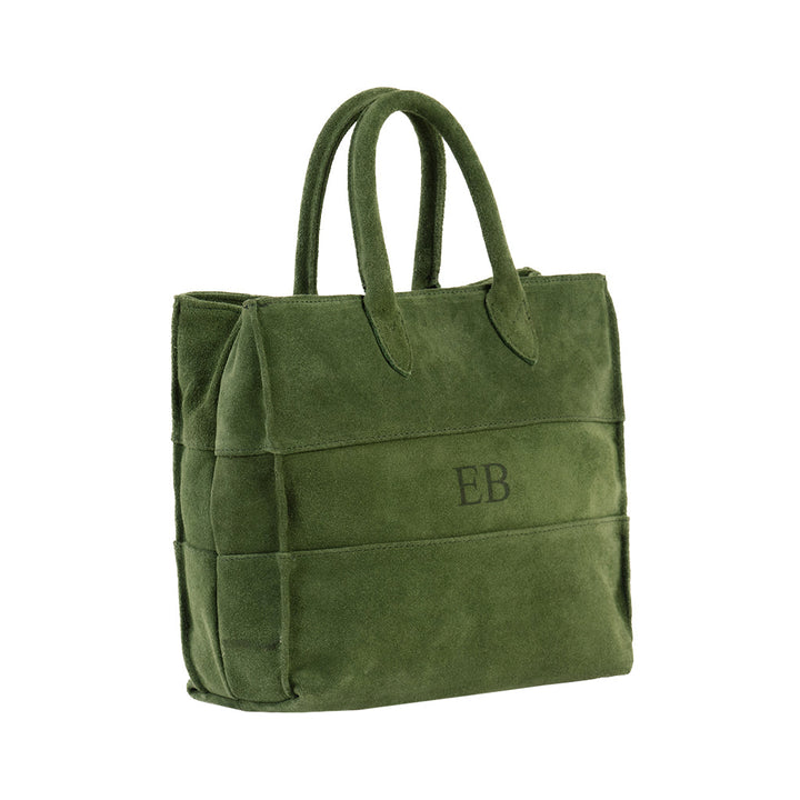 Green suede tote bag with initials EB embroidered on the front