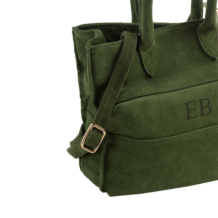 Green suede handbag with buckle detail and monogrammed letters EB