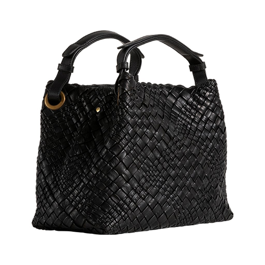 Black woven leather handbag with double handles