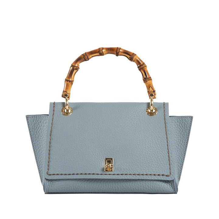 Light blue leather handbag with bamboo handle and gold hardware