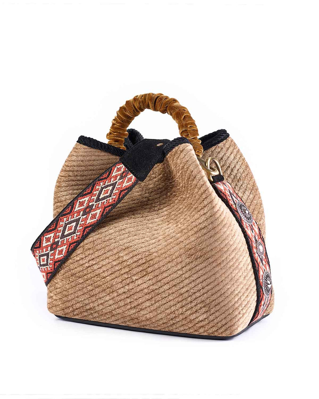 Handcrafted woven bag with patterned strap and cushioned handle