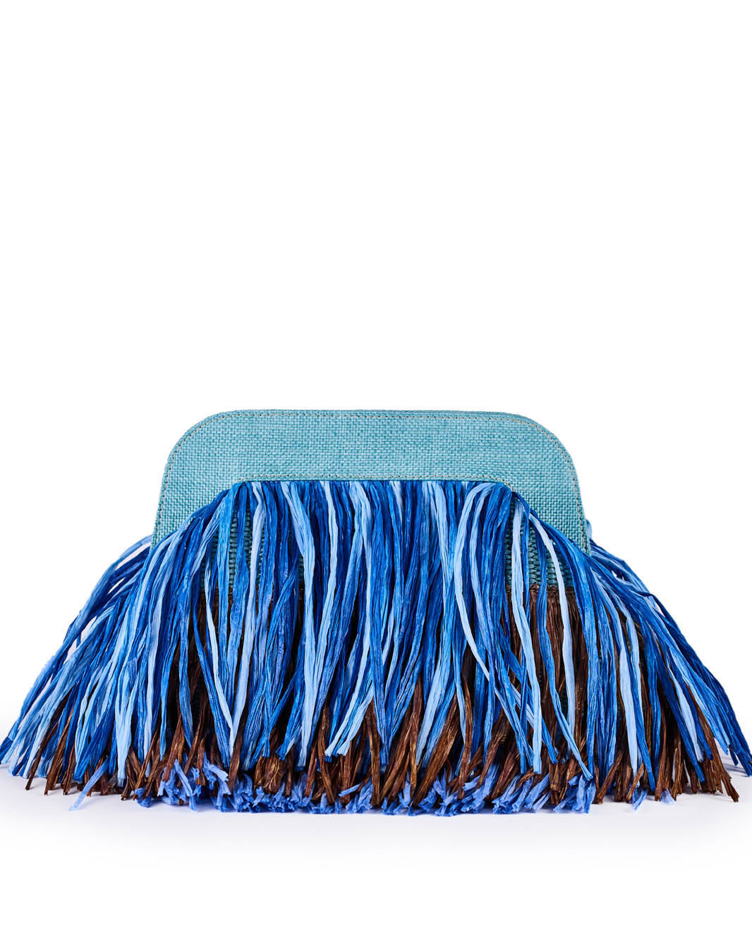 Blue and brown fringed clutch bag with textured fabric