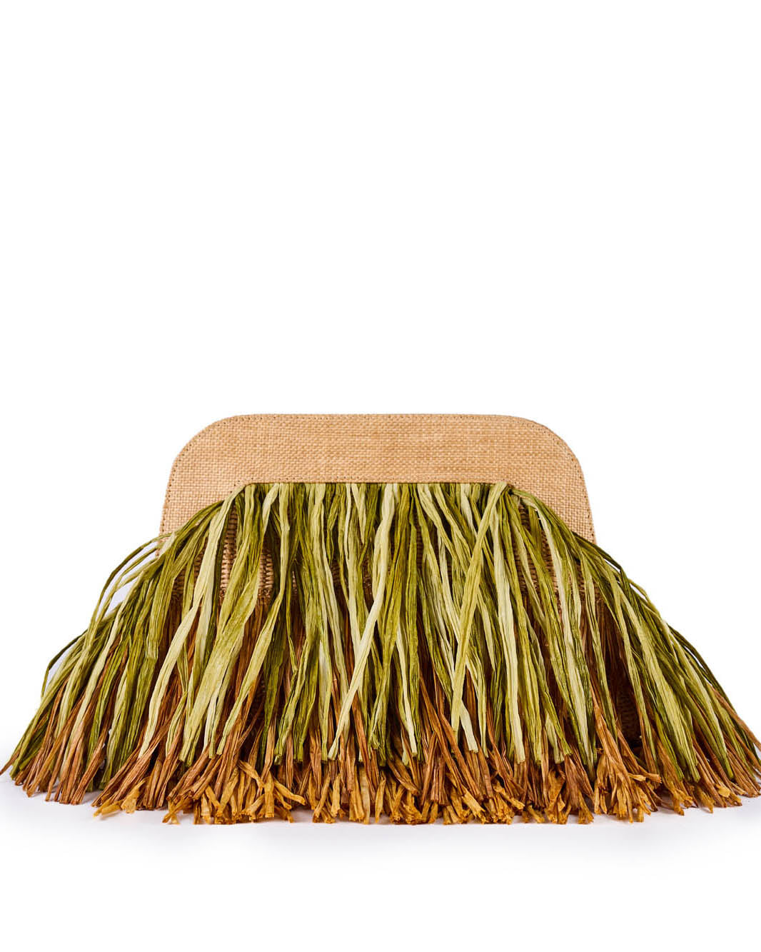 Straw clutch handbag with green and brown fringe detailing