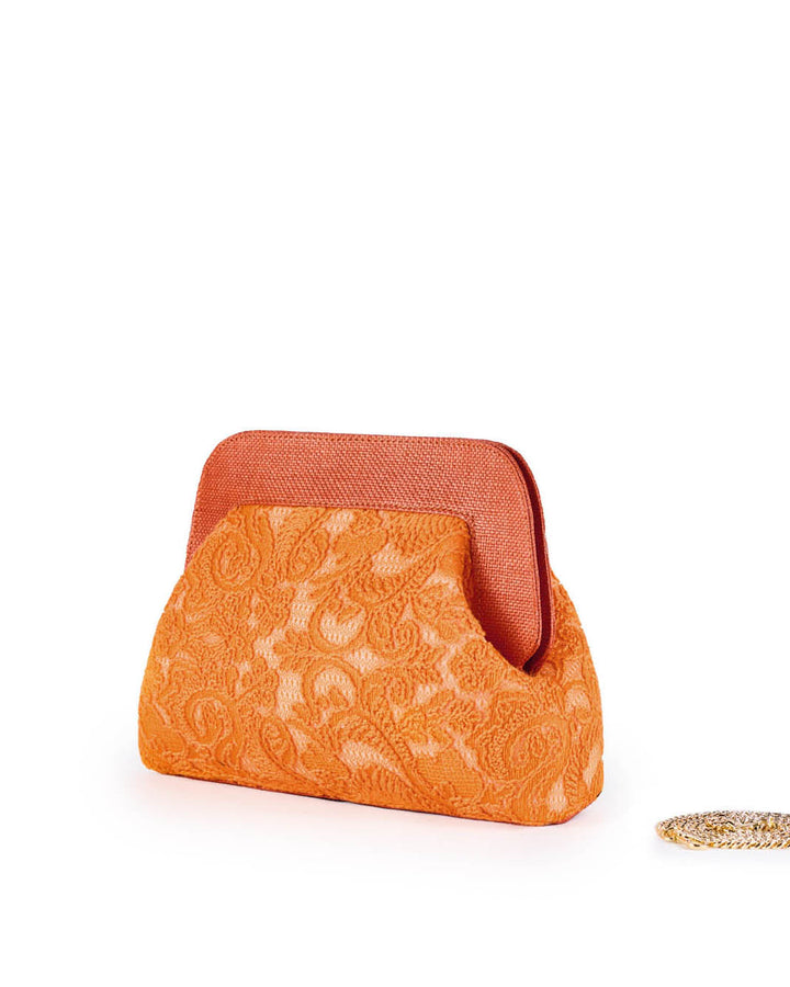 Orange lace clutch purse with textured fabric and gold chain handle