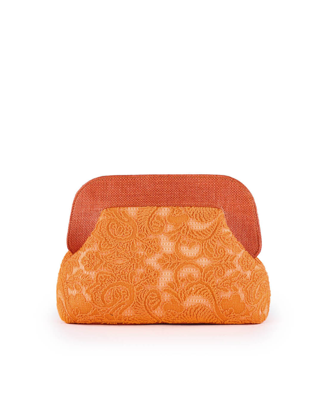 Orange lace clutch bag with intricate paisley design and textured fabric flap
