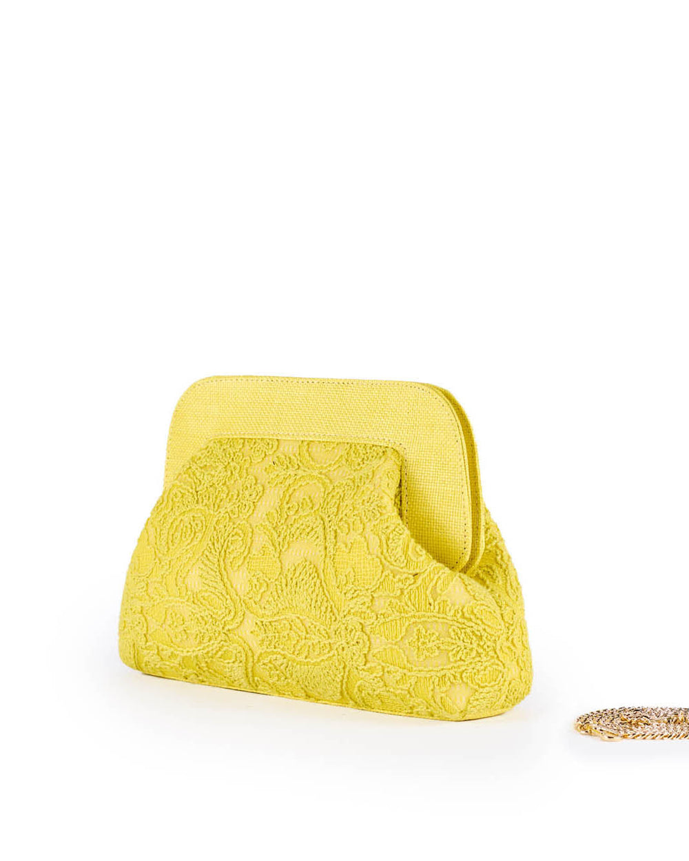 Yellow textured clutch bag with a gold chain against a white background