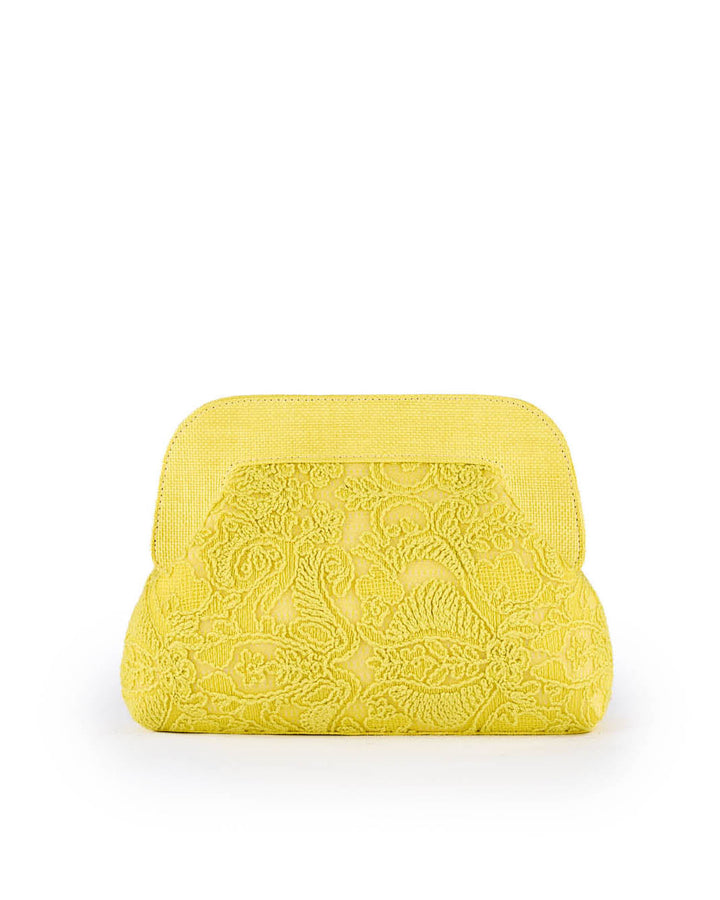 Yellow lace clutch purse against white background