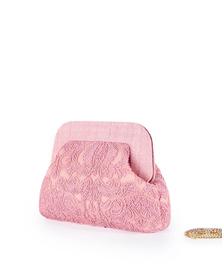 Pink lace evening clutch bag with gold chain