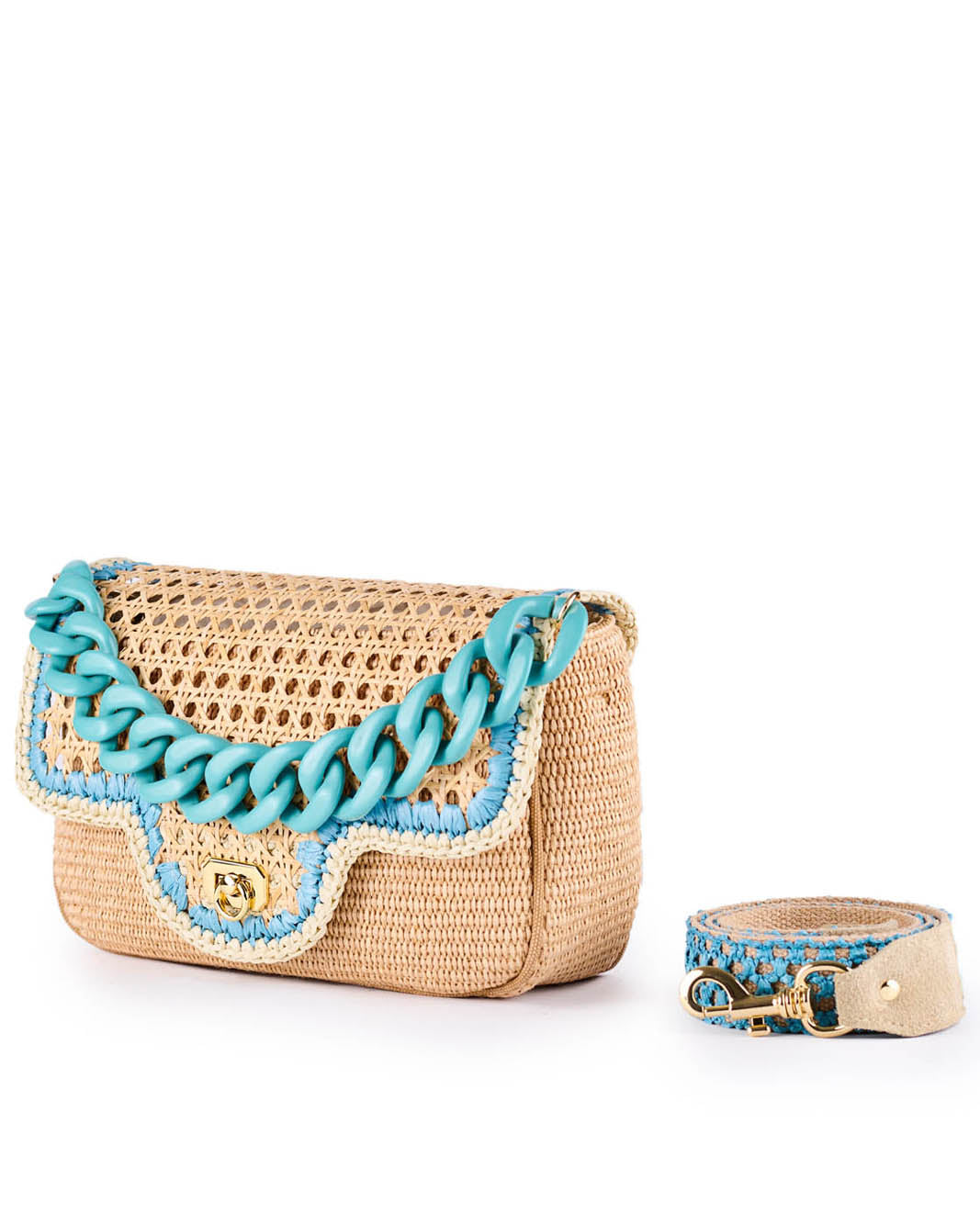 Beige rattan handbag with turquoise chain accents and matching strap