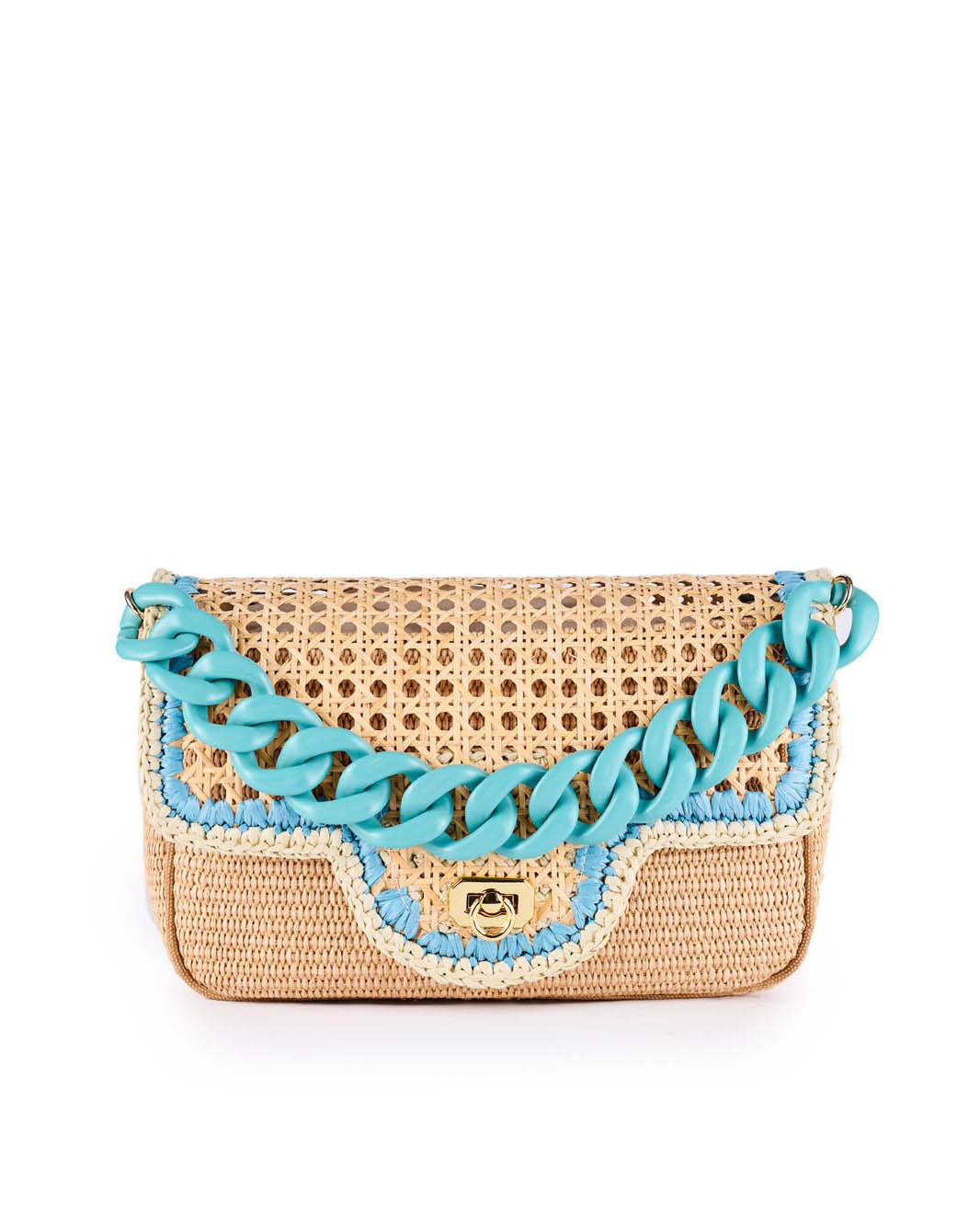Beige woven rattan handbag with blue chain strap and gold clasp
