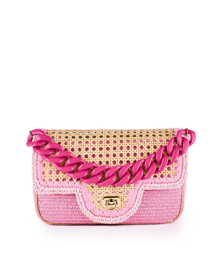 Pink and beige woven handbag with pink chain strap and clasp closure