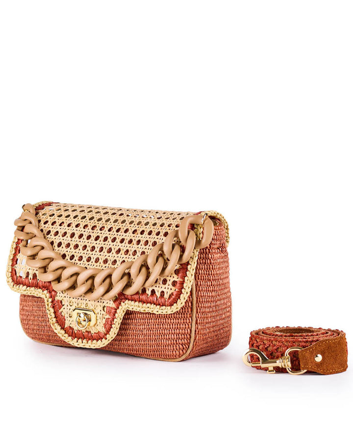 Woven rattan handbag with large chain detail and detachable strap