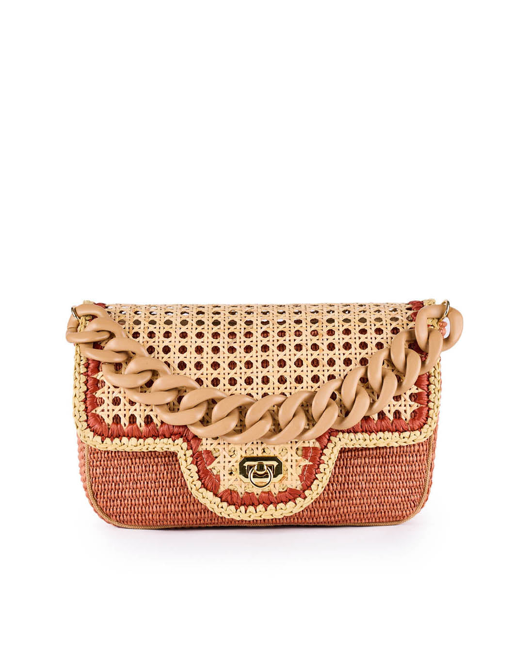 Stylish woven rattan bag with gold chain and clasp