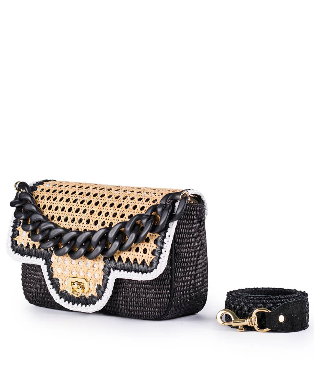 Black and beige woven handbag with a chain strap and matching detachable wristlet