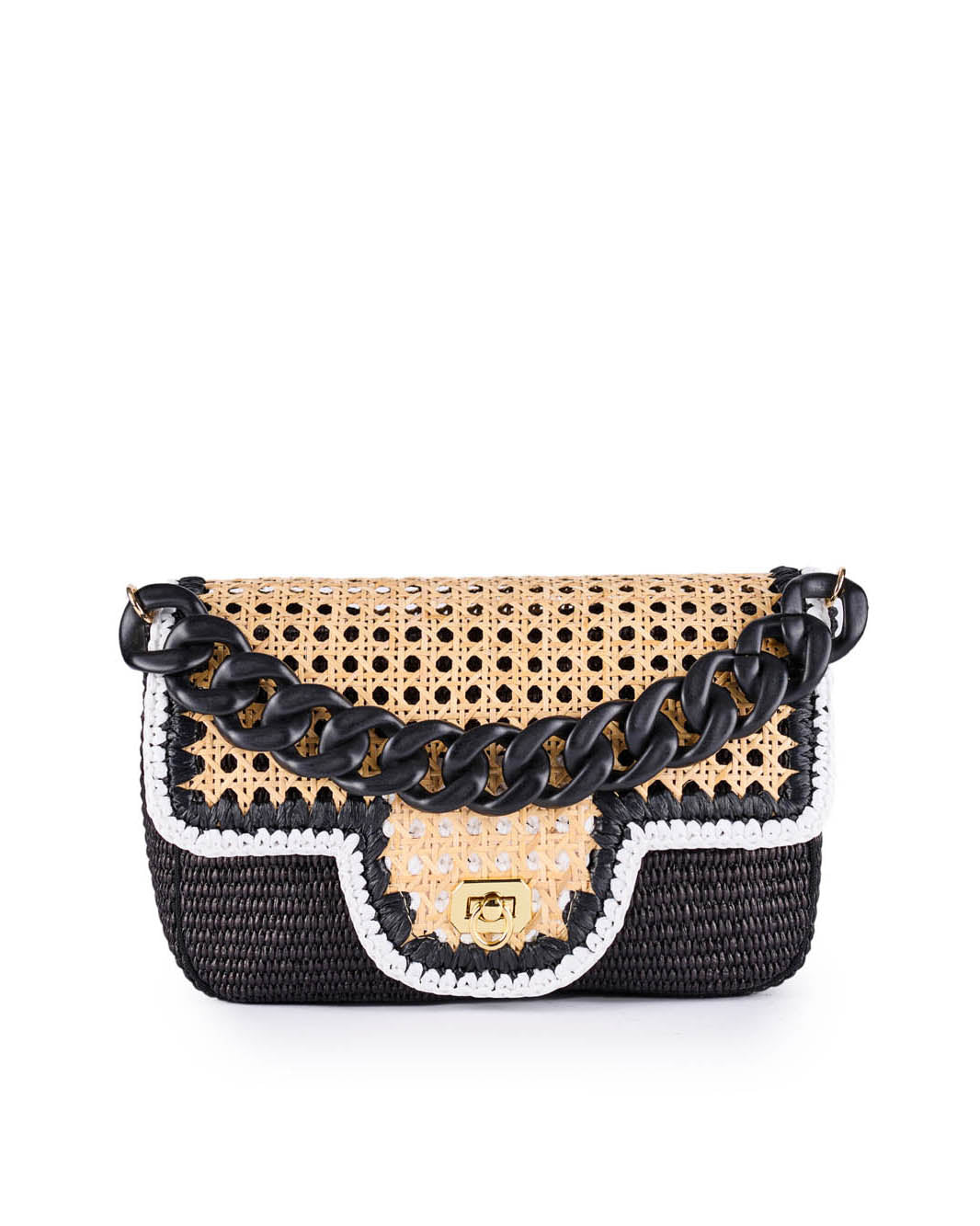 Woven handbag with black chain strap and decorative detailing