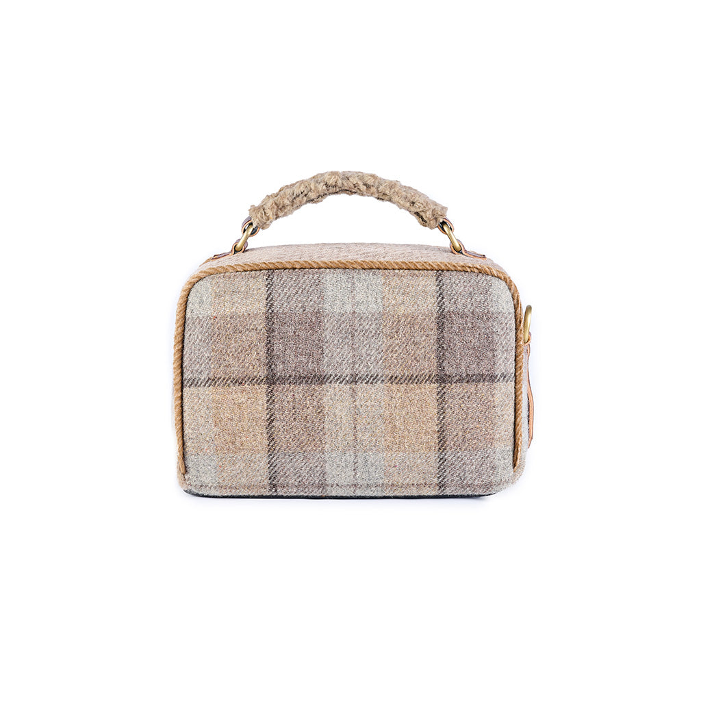 Plaid wool handbag with brown and beige checkered pattern and woven handle