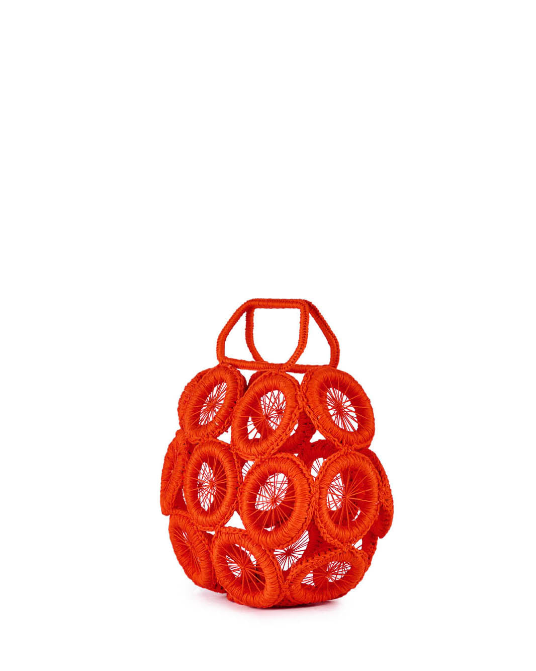 Bright orange circular basket bag made from knotted rope with open design on a plain white background