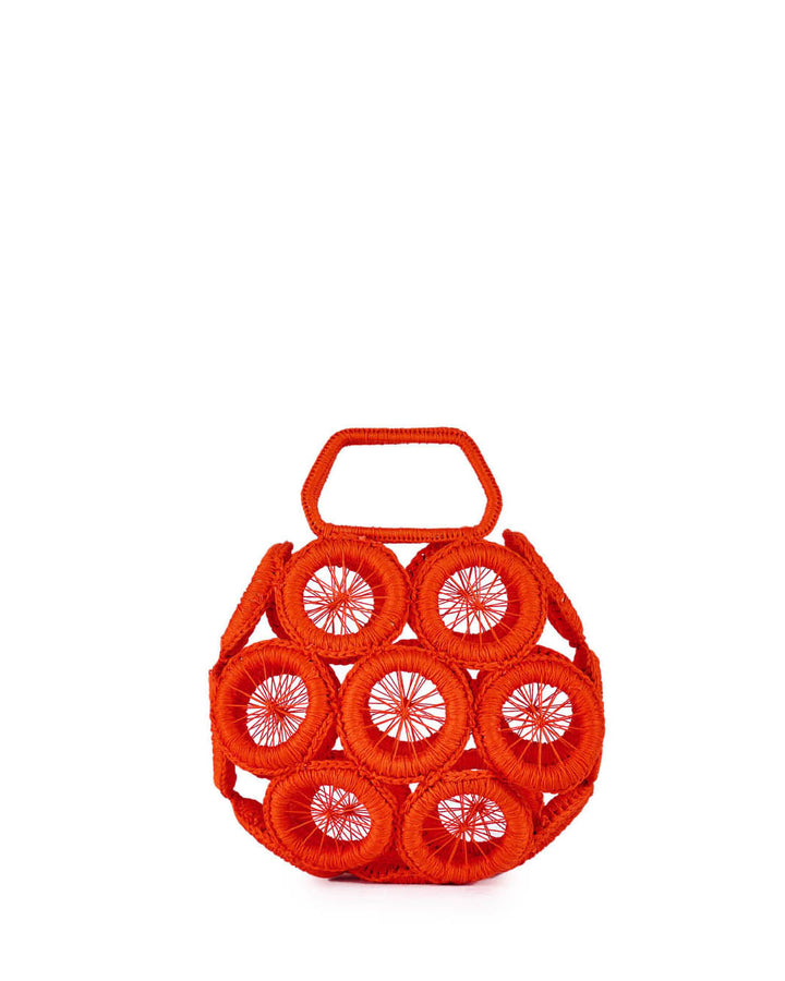 Bright orange circular woven handbag with handle