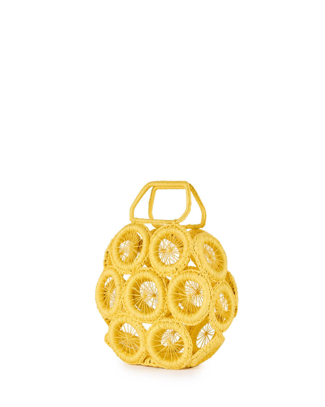 Yellow wicker handbag with circular woven design and handles