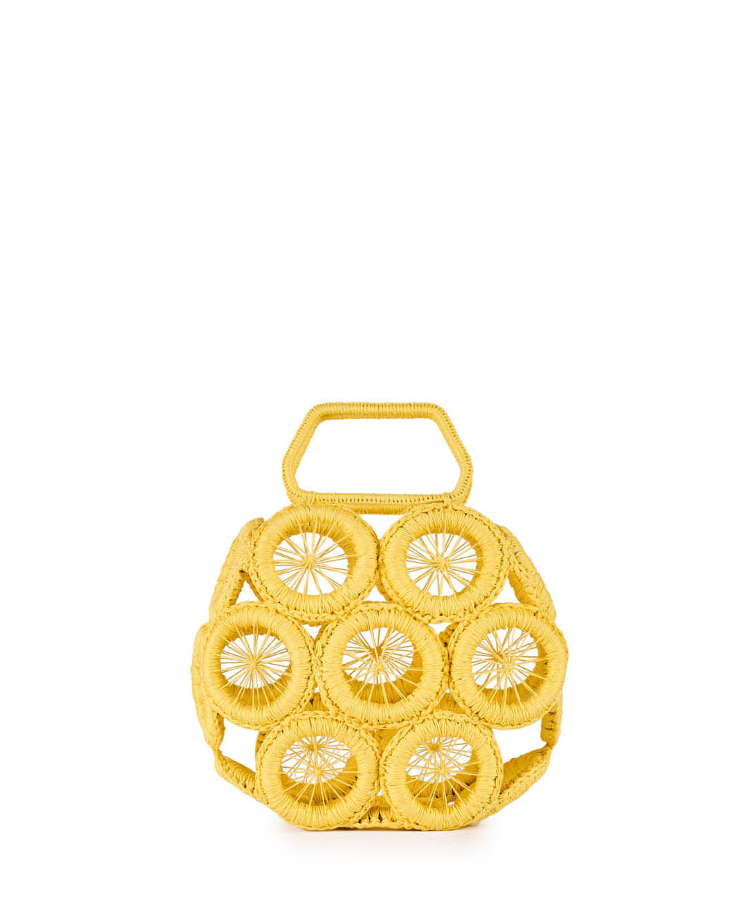 Yellow woven rattan handbag with circular design on white background