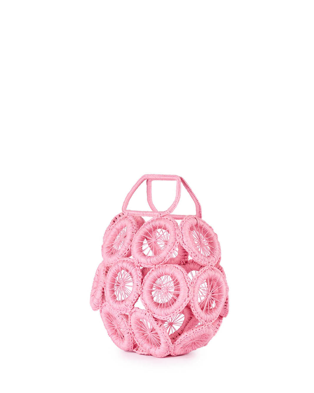Pink crochet circular handbag with handle on white background