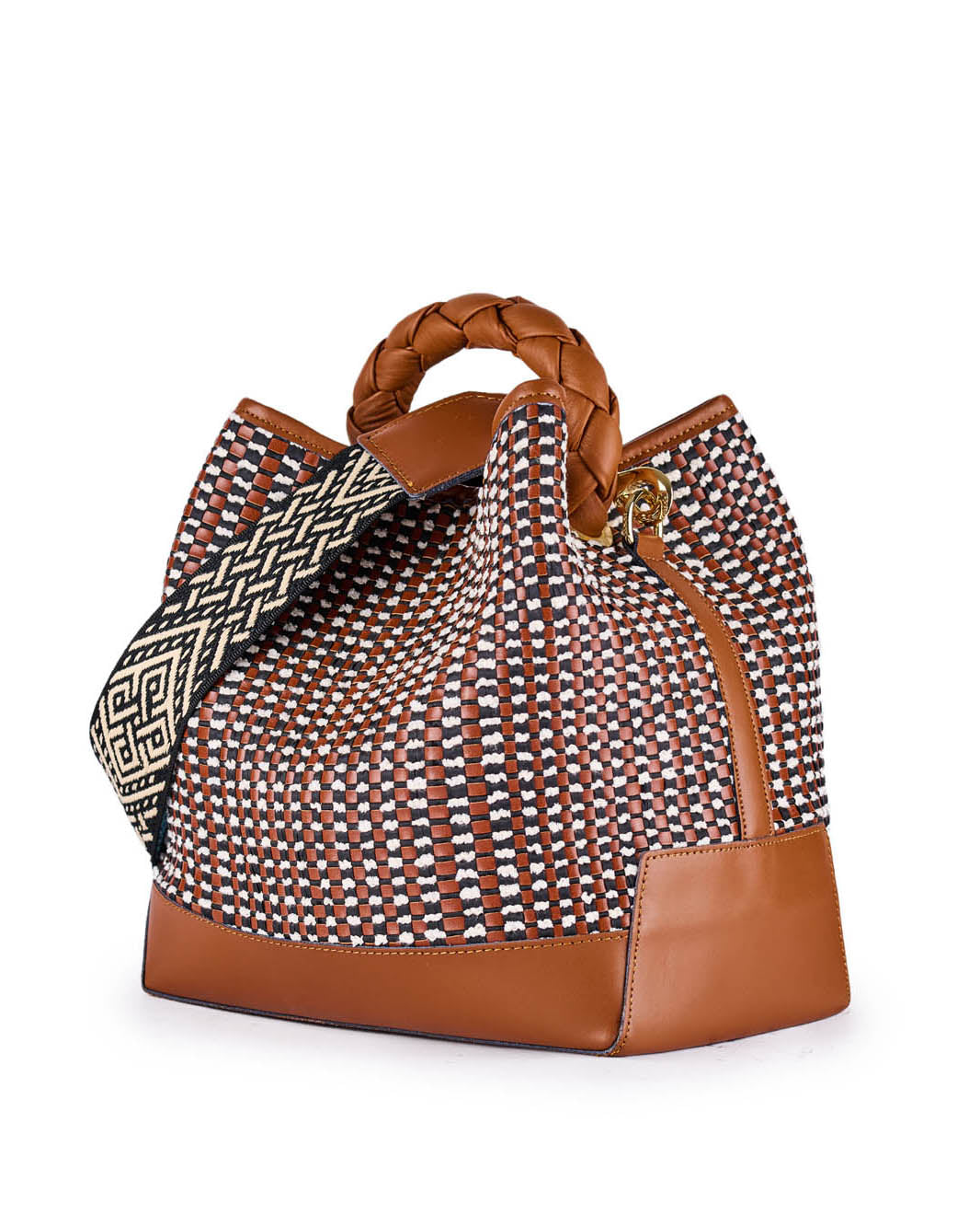 Luxurious brown and white woven leather handbag with patterned shoulder strap
