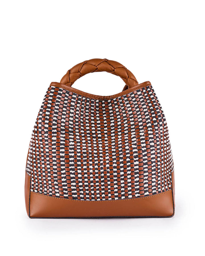 Woven leather handbag with a braided handle and brown accents