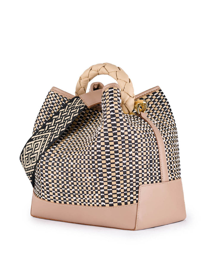 Beige and black woven handbag with braided handle and geometric strap detailing