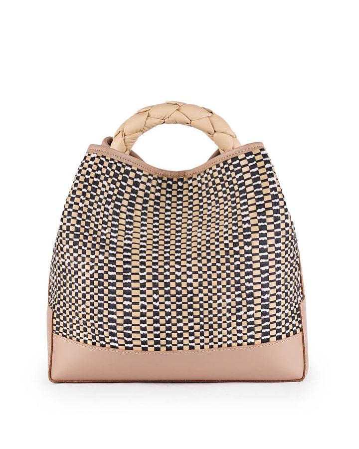 Woven beige and black handbag with braided handle