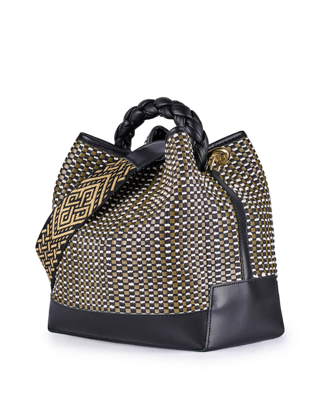 Stylish black and gold woven handbag with geometric pattern and braided handle